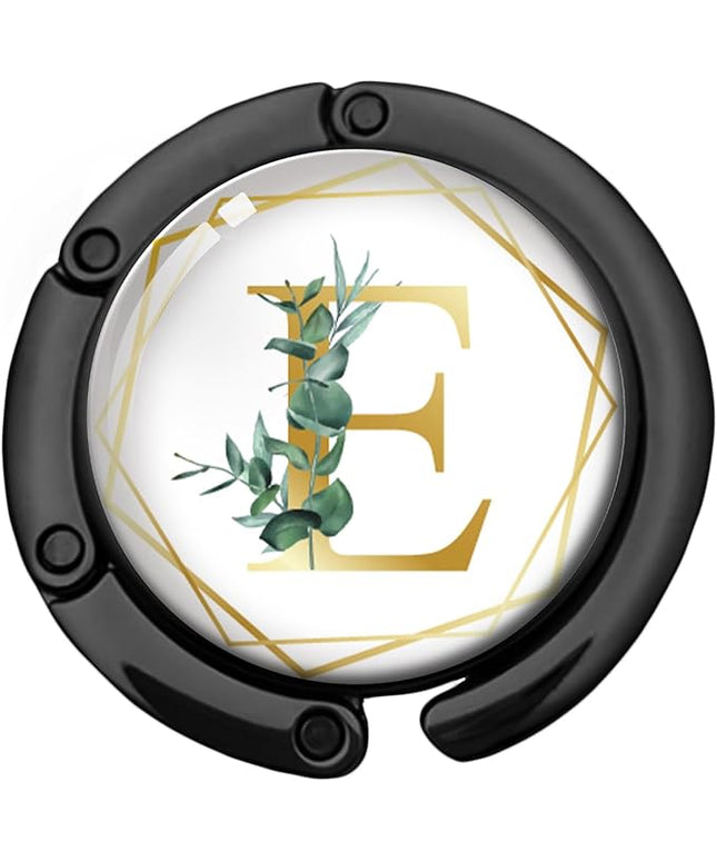 Gold Initial Foldable Purse Hook Gifts, Eucalyptus Letter Handbag Hanger, Women's Bag Hanger Holder, Round Purse Table Hook, Funny Desk Decor Gifts for Women Coworker Friend (Eucalyptus E)