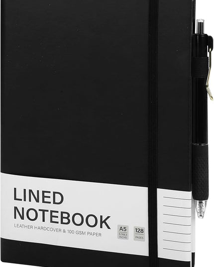 Aodaer 1 Set Lined Notebook Journal with Pen A5 Notebooks 100 GSM College Ruled Hardcover Notebook PU Leather Notepad with Pen Holder for Office School, 5.7 x 8.3 Inches, Black