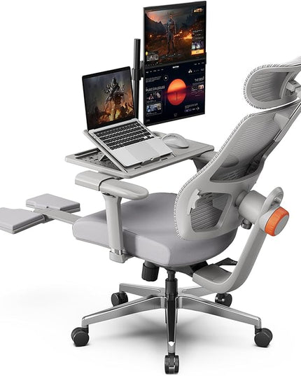 Newtral Ergonomic Office Chair-Home Office Desk Chair with Footrest, Auto-Following Backrest & Headrest, 4D Armrests, 96°-136° Recline (Gray, with Laptop Table)