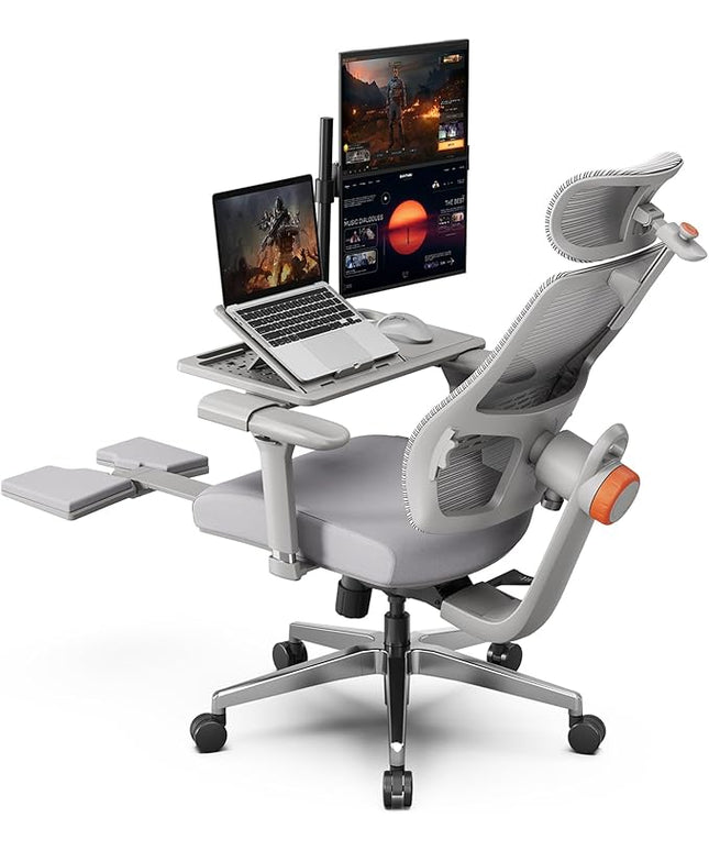 Newtral Ergonomic Office Chair-Home Office Desk Chair with Footrest, Auto-Following Backrest & Headrest, 4D Armrests, 96°-136° Recline (Gray, with Laptop Table)