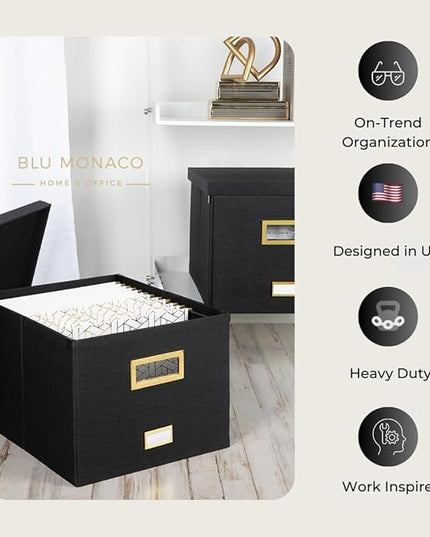 BLU MONACO Hanging File Box with Lid – Black Document Organizer | Portable Storage Box for Letter & Legal Size Paperwork | Stackable Engineered Wood File Organizer for Home or Office