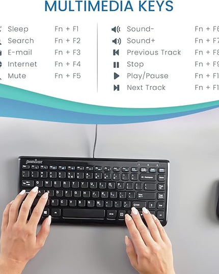 Perixx PERIBOARD-407B US, Wired USB Mini Keyboard with 11 Hot Keys - Glossy Black - US English Layout
