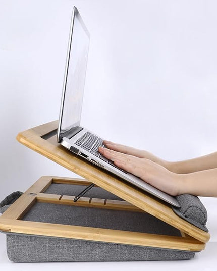 SUMISKY Adjustable Lap Desk-Portable Laptop Stand with Cushion, Bamboo Platform with Phone Holder, Wrist Pad Fits up to 15.6 Inch Laptops