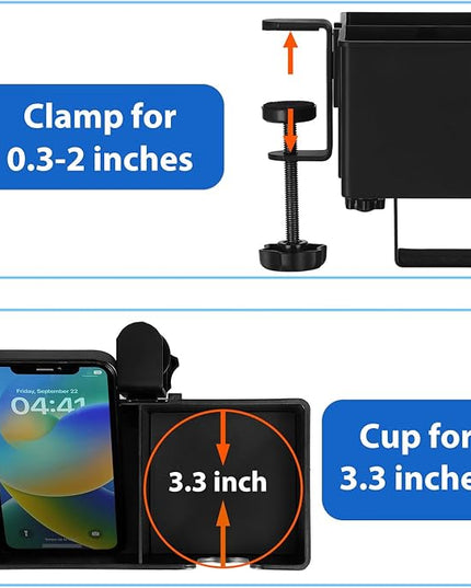 ROSLINE 3-in-1 Clip-on Desk Organizer - Pen, Headphone, and Cup Holder for Expanding Office and Gaming Space (Black)