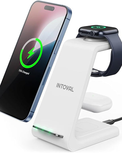 Intoval 3 in 1 Wireless Charging Station for iPhone and Apple Watch,Fast Wireless Charger Stand,Compact Desk Charging Dock for iPhone17 16 15 14 13/Pro/Max, iWatch11 10 9 Ultra/SE 3/4,AirPods