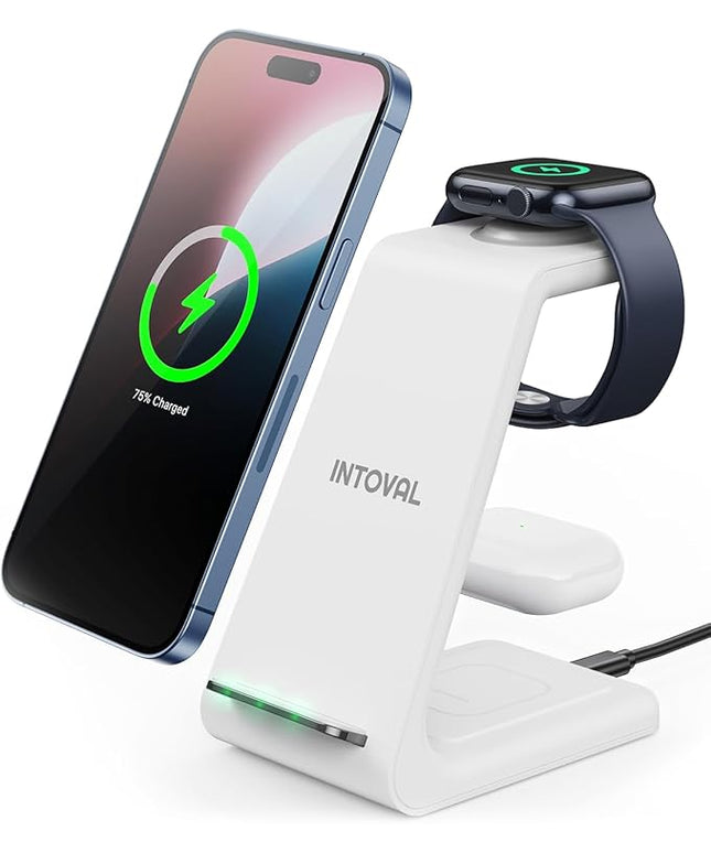 Intoval 3 in 1 Wireless Charging Station for iPhone and Apple Watch,Fast Wireless Charger Stand,Compact Desk Charging Dock for iPhone17 16 15 14 13/Pro/Max, iWatch11 10 9 Ultra/SE 3/4,AirPods