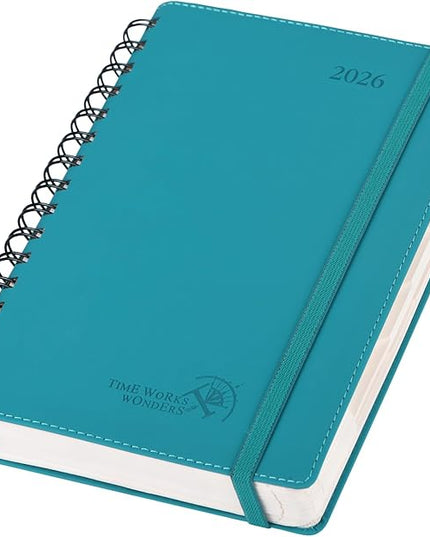 POPRUN 2026 Daily Planner One Page per Day (Medium 6'' x 8.5'') - 12 Months Calendar Appointment Book with Hourly Slots, Inner Pocket, Monthly Tabs, Pen Holder - Pacific Green