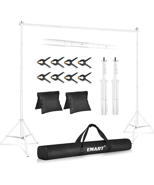 EMART Backdrop Stand 10x10ft(WxH) Photo Studio Adjustable Background Stand Support kit with 2 Crossbars, 8 Clamps, 2 Sandbags and Carry Bag for Parties, Events Decoration, Wedding, Photography -White