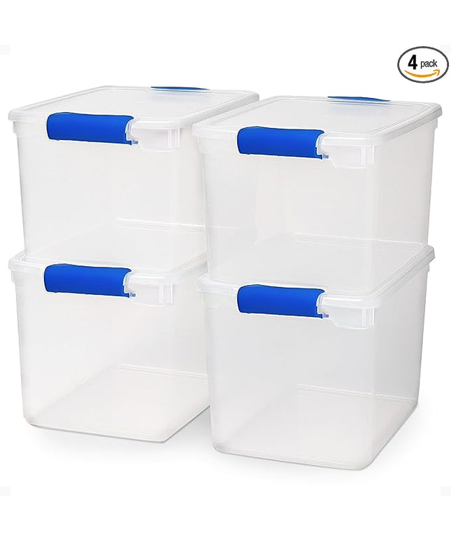 HOMZ 4-Pack Latching Lid, Large Clear Plastic Storage Bins with Lids, 31 Quart, Blue Latch - Stackable Container Boxes for Home, Bathroom, and Office Organization