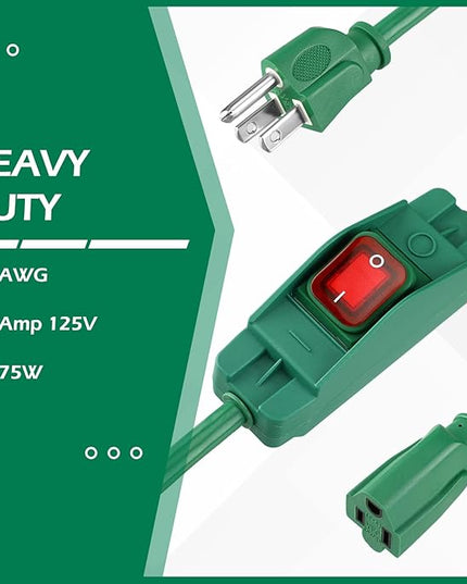Weewooday 3 Prong Outdoor Extension Cord with Waterproof Switch 1875W Heavy Duty 14/3 SJT Cable Inline On/Off 15A 125V Grounded Outlets Plugs for Appliances (Green, 3 ft)