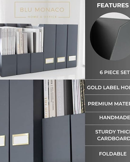 BLU MONACO | Set of 6 Foldable Grey Magazine File Holders with Gold Label Holders | Vertical File Organizer Boxes for Desk, Bookshelf & Home Office Storage