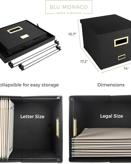 BLU MONACO Hanging File Box with Lid – Black Document Organizer | Portable Storage Box for Letter & Legal Size Paperwork | Stackable Engineered Wood File Organizer for Home or Office