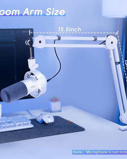 FIFINE Microphone Boom Arm Stand, Metal Heavy Duty Mic Stand, Scissor Suspension Adjustable Boom Arm for Podcast Recording Streaming Gaming, with Desk Clamp, 5/8" Screw, Cable Ties-BM63 White