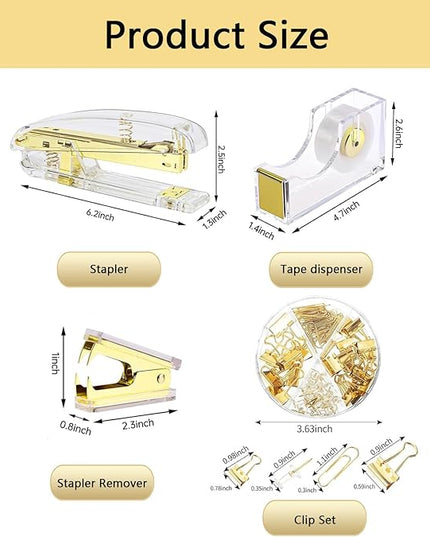 suniya Office Supplies,Desk Accessories,with Stapler,Tape Dispenser,Staple Remover,Scissor,Ballpoint Pen,Clear Tape,Staples,Binder,Best Gift Set(Gold)