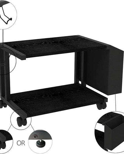 VEDECASA 2 Tier Black Printer Stand with Storage Bag for Home Office Desktop Printer Table Underdesk Organizer Mobile Printer Shelf with Caster Wheel (Black)