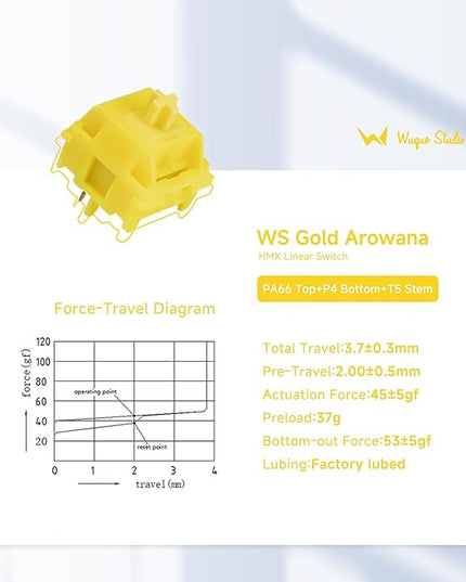 WS Arowana Gold Mechanical Keyboard Switches, 35Pcs HMX Linear Switches Pre Lubed 5 Pins 45gf Key Switch for Mechanical Gaming Keyboard (Gold)