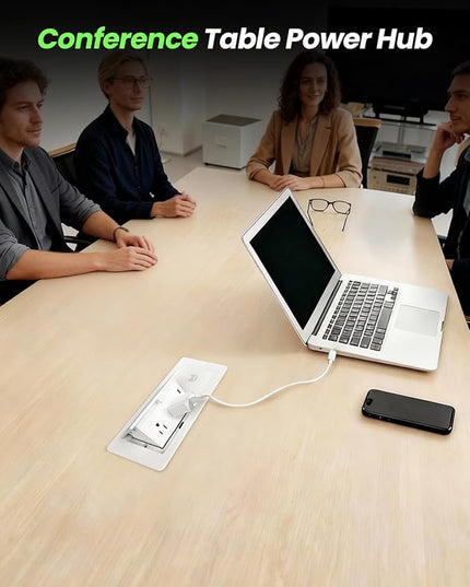 Conference Table Power Hub 15W Wireless Charger and PD20W Type-C Fast Charging, Pop up Outlet Desktop Connection Box with 2AC Outlets and USB Ports for Kitchen Countertop Conference Room, White