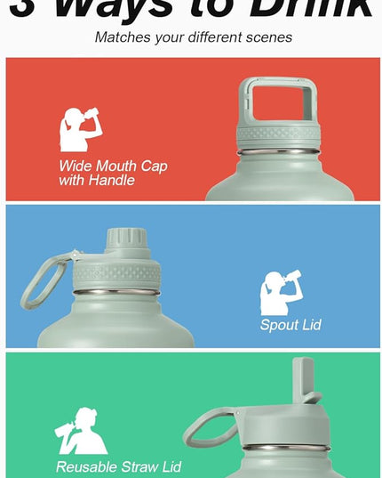 Coolflask Water Bottle 32 oz Insulated with Straw, Stainless Steel Metal 3 Lids Water Flask Wide Mouth for Sports or Office, Non-BPA Keep Cold Up to 48 Hrs or Hot Up to 24 Hrs, Grey Green