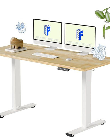 FLEXISPOT EN1 One-Piece Solid Wooden Standing Desk 55 x 24 Inches Height Adjustable Electric Sit Stand Home Office Desks (White Frame + Rubber Wood Top, 2 Packages)