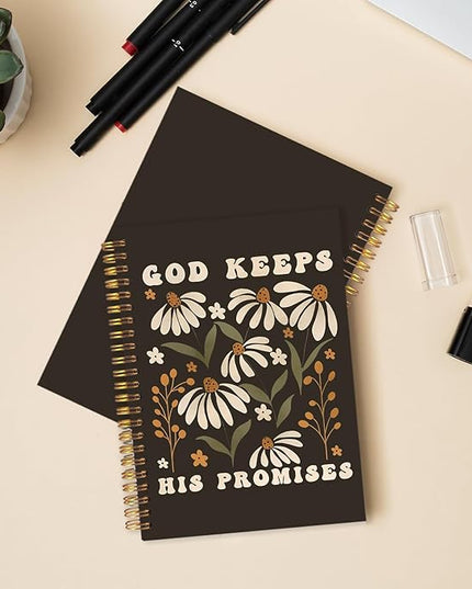 Boho Floral Christian Spiral Journal Notebook 5.5x8.3in, Bible Scripture Cottagecore Journal for Woman, God Keeps His Promises Religious Notebooks for Note Taking, Hardcover Notebook