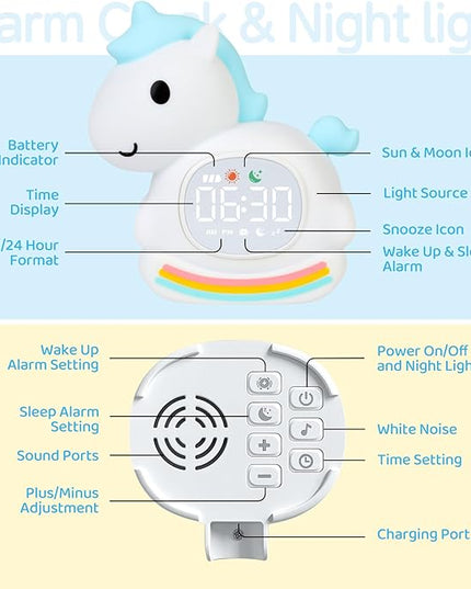 Alarm Clock for Kids with Night Light, Sleep Training Clock Time to Wake Clock, Rechargeable Silicone Light for Bedroom, Perfect Sleep Companion for Boys Girls, Blue Pony
