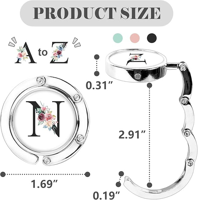 Iqimott 3pcs Personalized Initial Foldable Purse Hook for Table, Flower Letter Folding Handbag Hanger Portable Magnet Table Hook Holder, Collection Desk Purse Hooks for Women Bag (Black-N)