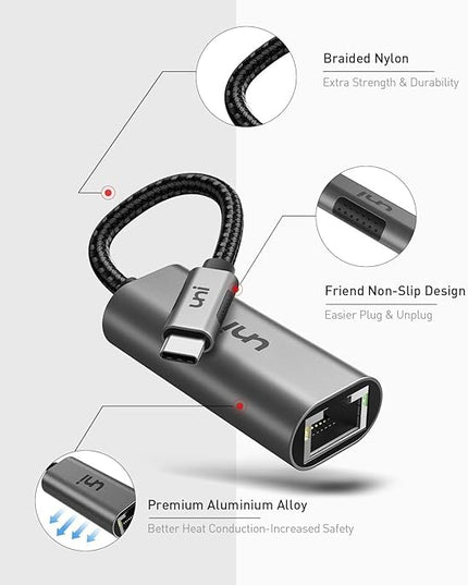 uni USB C to Ethernet Adapter, Driver Free RJ45 to USB C [Thunderbolt 3/4 Compatible], 1Gbps Type-C Gigabit Ethernet LAN Network Adapter for MacBook Pro/Air, iPhone 15 Pro/Max, Dell XPS, Galaxy S8-S24