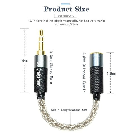 GUCraftsman 3.5mm Stereo Male to 2.5mm Balanced Female Portable Headphone Adapter Cable 6N Single Crystal Silver Headphone Jack Convert Cable for Audio Players with 3.5mm Ports