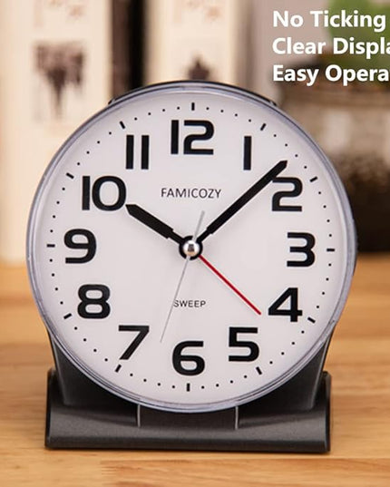 FAMICOZY 4.5" No Ticking Analog Alarm Clock,Silent Readable for Seniors,Easy to Set,Gradual Rise Alarm,Big Numbers,On/Off Switch on Side,Gentle Wake,Snooze Soft Backlight,Battery Operated,Black