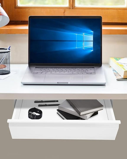 FFanhia 16 Inches Under Desk Mounted Sliding Pull-out Drawer Under Desk Storage Drawer for Sit Stand Workstation Office Desk(Applicable Table Thickness: 0.79in) White