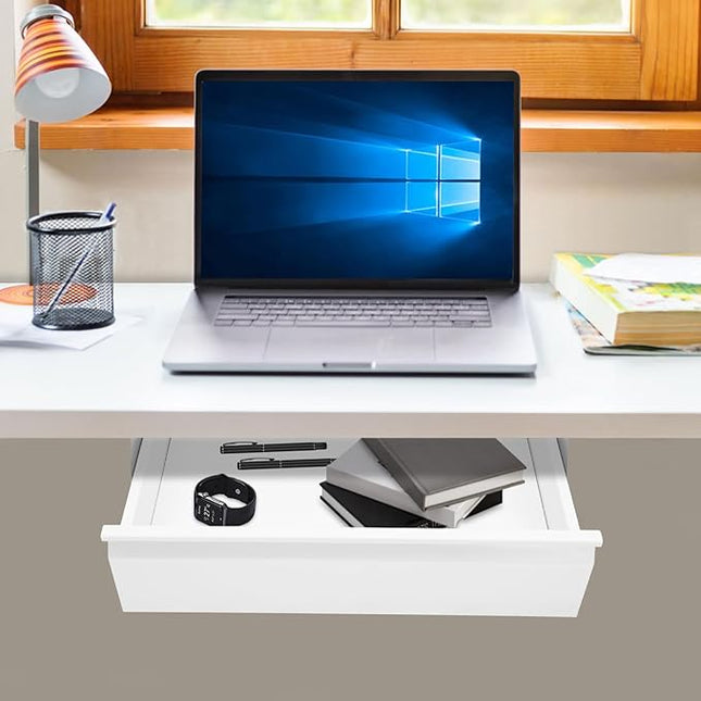 FFanhia 16 Inches Under Desk Mounted Sliding Pull-out Drawer Under Desk Storage Drawer for Sit Stand Workstation Office Desk(Applicable Table Thickness: 0.79in) White