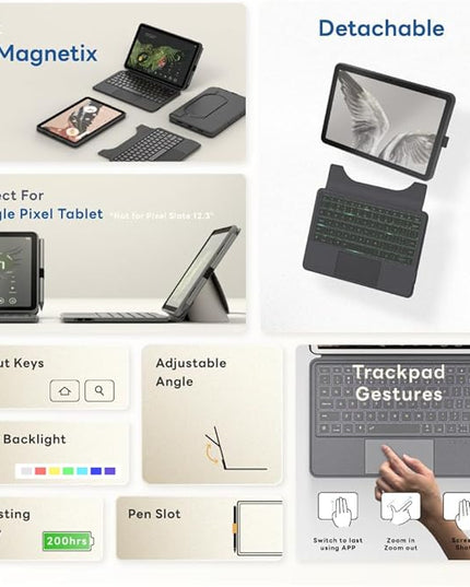 EIP Magnetix Keyboard Case for Google Pixel Tablet 11 inch (2023), Adjustable Viewing Angle, Detachable, Easy Carry, Protective Cover Compatible with Speaker Dock, 7 Backlight Color, US Layout