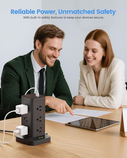 Power Strip Tower with Surge Protector 1800J, Fast Charging Tower PD20W USB-C Ports with 12 AC Outlets, 6ft Extension Cord for Home Office Dorm Room, Black