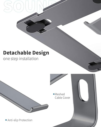 SOUNDANCE Laptop Stand, Aluminum Computer Riser, Ergonomic Laptops Elevator for Desk, Metal Holder Compatible with 10 to 15.6 Inches Notebook Computer, Grey