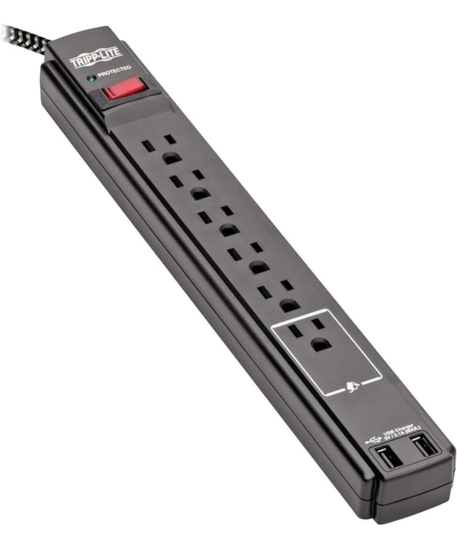 Tripp Lite Surge Protector Power Strip with USB, 6-Outlet & 2 USB Ports, Wall & Desk Mount, 10ft Braided Cord - 990 Joules, 1875 Watts Dollar 25,000 Insurance (TLP610BUAM)