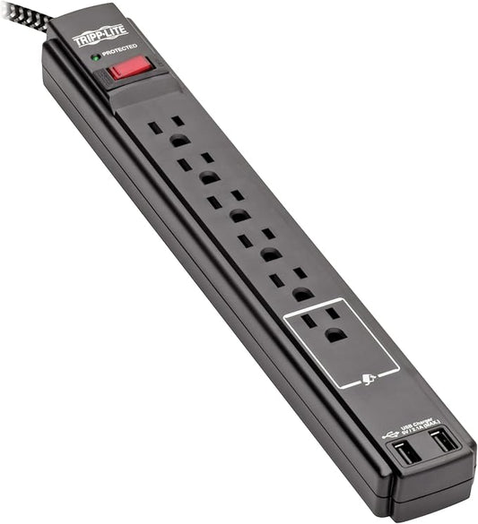 Tripp Lite Surge Protector Power Strip with USB, 6-Outlet & 2 USB Ports, Wall & Desk Mount, 10ft Braided Cord - 990 Joules, 1875 Watts Dollar 25,000 Insurance (TLP610BUAM)