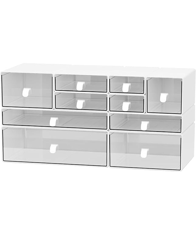 ‌Yashong Desk Organizer Set, White & Clear Stackable Dustproof Storage Boxes for Desktop, Office, DIY Craft & Vertical Space Saving, Perfect for Makeup, Stationery, Jewelry Organization