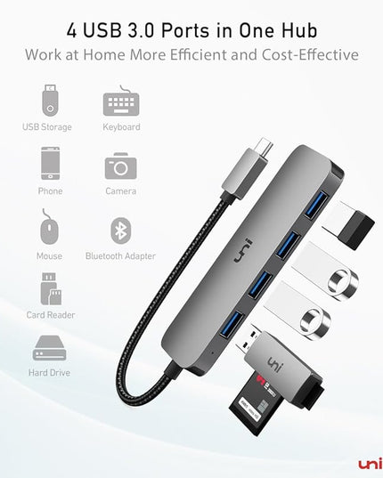 uni USB C to USB Hub Multiport Adapter, Aluminum 4 Ports USB C Splitter for Laptop, Slim Thunderbolt 3/4 Data USB Hub Compatible for MacBook Pro/Air, iPad Pro, Dell, Chromebook | Keyboard, Mouse, HDD