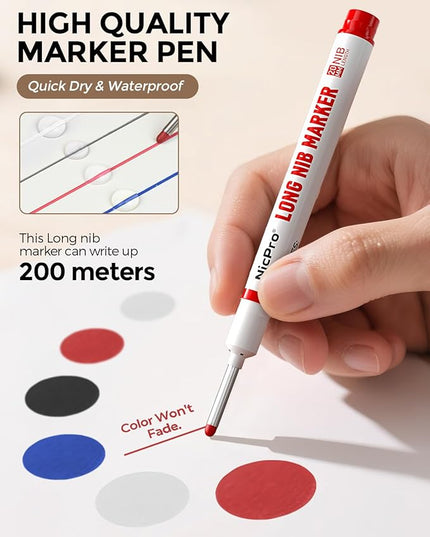 Nicpro 8 PCS Long Nib Marker Pens, 20mm Deep Hole Marker, Quick Dry & Waterproof Construction Markers, Long Head Markers for Metal, Steel, Tile, Glass, Carpenter Marking Pen for Woodworking (4 Colors)