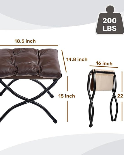 HollyHOME 15" H Folding Footrest Stool,Upholstered Foldable Ottoman with Padded Design. Features Metal Frame for Portability. Ideal for Sofas, Lazy Chairs,Living Room,Bedroom.PU Brown