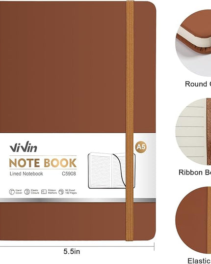 ViVin Lined Journal Notebooks, 3 Pack, (Black, Navy, Brown), 192 Pages, Medium 5.5 x 8.3 inch, College Ruled, A5 Hardcover Notebooks, Journaling Notebooks for Work, Writing, School