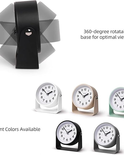 TIMESS Analog Alarm Clock, Silent Non-Ticking Quartz Movement, Battery-Operated with Snooze & On-Demand Light, Easy to Set Gentle Wake Bedside Desk Clock, Ideal for Home, Travel, Office (Black)