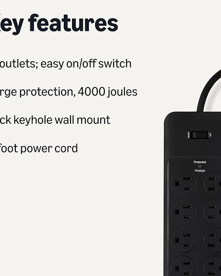 Amazon Basics 12-Outlet Surge Protector Power Strip, 4000 Joules, 8ft Extension Cord, Rectangle, for Home, Office, Gaming Room, Black