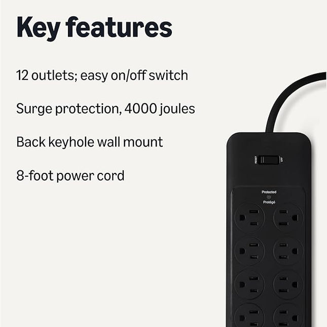 Amazon Basics 12-Outlet Surge Protector Power Strip, 4000 Joules, 8ft Extension Cord, Rectangle, for Home, Office, Gaming Room, Black