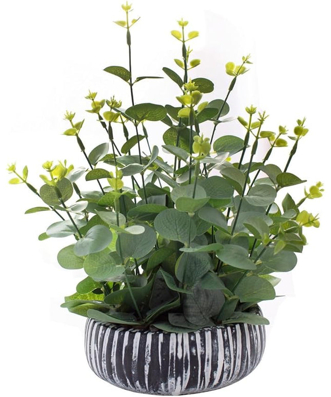 Artificial Plants Potted Real Looking Small Faux Plant with Rustic Black Cement Planter for Kitchen Office Desk Bookshelf Decor (Eucalyptus Plant)