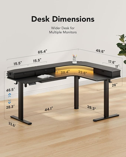 HUANUO 65″ L-Shaped Standing Desk with Power Outlets & LED Strip, Electric Height Adjustable Corner Computer Desk, Sit Stand Up Desk with 3 Drawers, Black