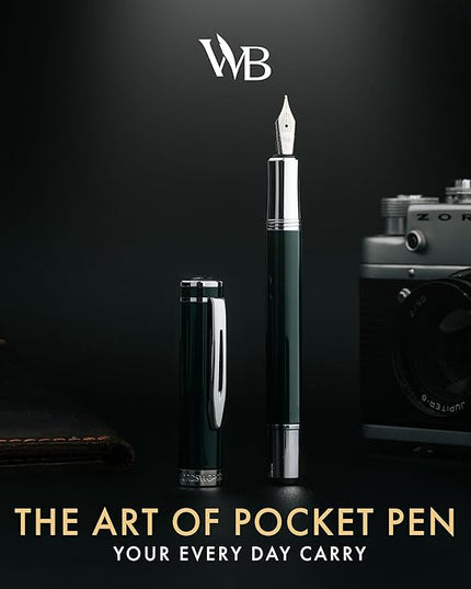 Wordsworth and Black Fountain Pen Mini EDC: Luxury Green Heavy Pocket Pen, Chrome Finish, Medium Nib, 6 Ink Cartridges, Ink Converter, Travel Refillable Writing Pen Gift Set, Men & Women