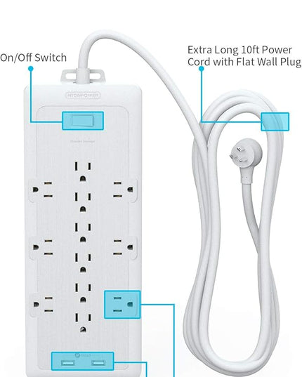 4000 Joules Surge Protector Power Strip, 12 Widely Spaced AC Outlets, Overload Protection, (1875W/15A) Heavy Duty Extension Cord 10 ft, Wall Mount, ETL Listed, Ideal for Home, Dorm Essentials, White