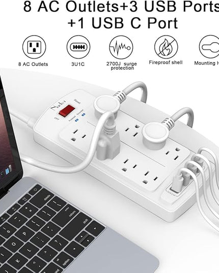 Surge Protector Power Strip - Nuetsa Flat Plug Extension Cord with 8 Outlets and 4 USB Ports, 10 Feet Power Cord (1625W/13A), 2700 Joules, ETL Listed, White