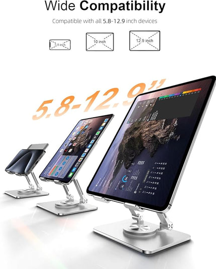 Tablet Stand Holder with Thickened 360°Rotating Base Dual Rod Adjustable Aluminum Stand for All 5.8-12.9” iPad Samsung Phone Tablet Kindle E-Reader and More, Silver